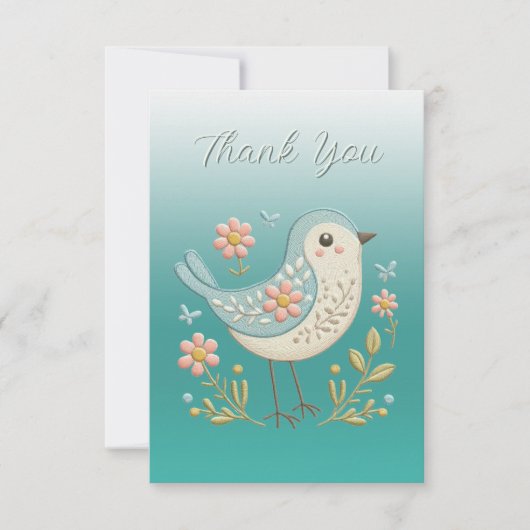 Petite Broderie Florale d'oiseaux Carte de remerci (Devant)