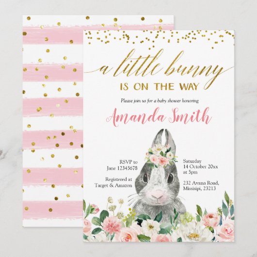 Petite Bunny Spring Invitation Baby shower Floral (Devant / Derrière)