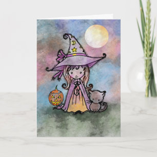Petite carte de Halloween de sorcière et de chat
