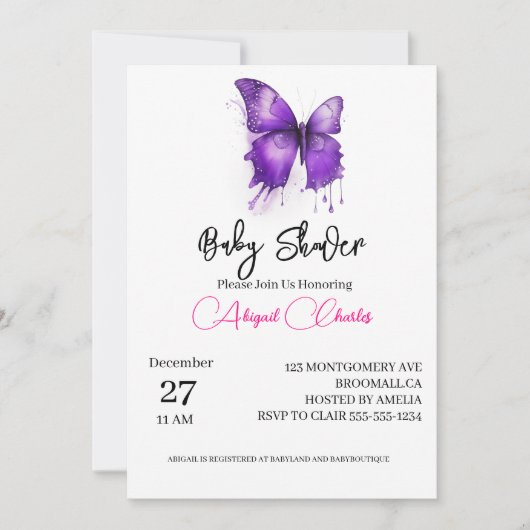 Petite carte d'invitation baby shower papillon (Devant)
