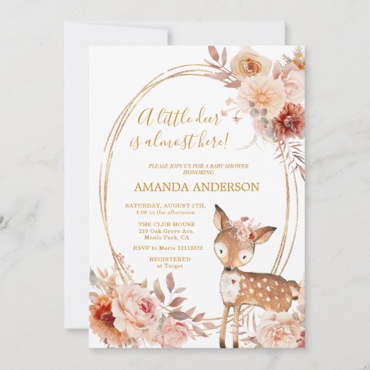 Petite cerf Beige Floral Baby shower invitation (Devant)