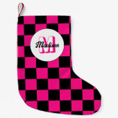 Petite Chaussette De Noël à damiers carré chaud rose noir rétro Monogramme (Devant)