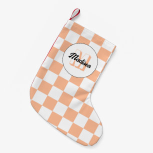 Petite Chaussette De Noël à damiers pêche blanc rétro géométrique Monogramme