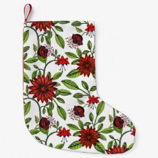 Petite Chaussette De Noël abstract red flowers and green leaves on white bac