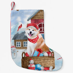 Petite Chaussette De Noël Akita Chien dans la neige Maison de Chien de Noël