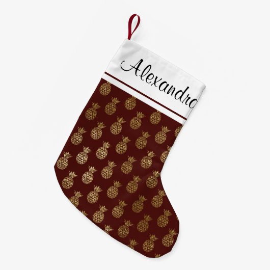 Petite Chaussette De Noël Ananas à huile d'or et monogramme bordeaux (Devant (Accrochage))
