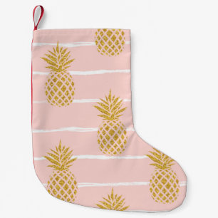 Petite Chaussette De Noël Ananas en or, Arrière - plan d'été rayé.