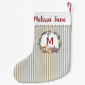 Petite Chaussette De Noël Animaux de la forêt à rayures beige Monogramme (Dos)
