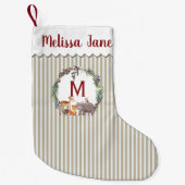 Petite Chaussette De Noël Animaux de la forêt à rayures beige Monogramme (Devant)