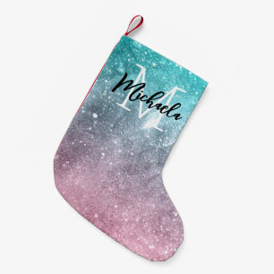 Petite Chaussette De Noël Aqua blue Pink ombre mer galaxie abstraite Monogra