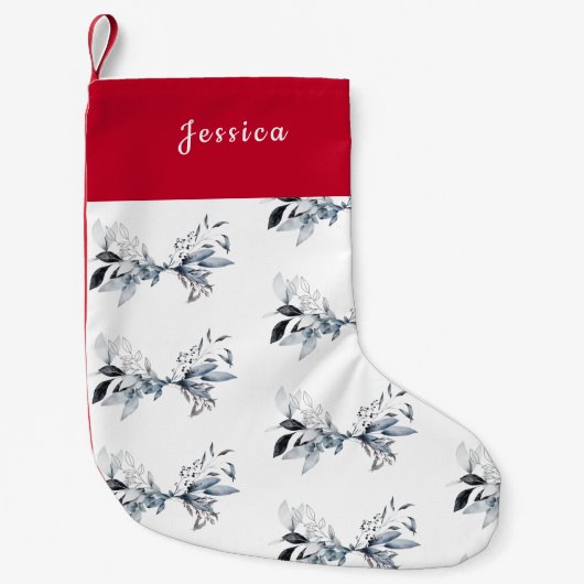 Petite Chaussette De Noël Aquarelle Bleu Nordic Scandi Foliage Noël (Devant)