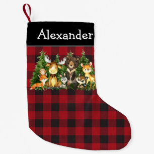 Petite Chaussette De Noël Aquarelle Bois Animaux Rouge Plaid