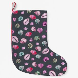 Petite Chaussette De Noël Aquarelle de coquillage : Motif bleu foncé
