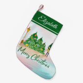 Petite Chaussette De Noël Aquarelle de Noël moderne Arbres verts (Devant (Accrochage))