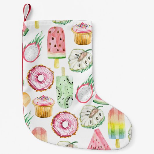 Petite Chaussette De Noël Aquarelle fruits tropicaux, glace motif. (Devant)