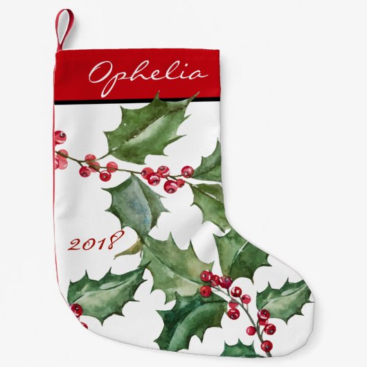 Petite Chaussette De Noël Aquarelle Holly et Berries rouges (Devant)