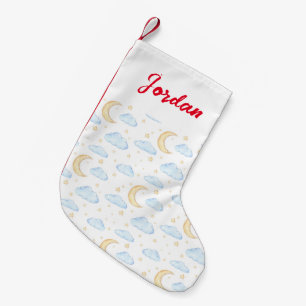 Petite Chaussette De Noël Aquarelle Lune étoiles et nuages Motif