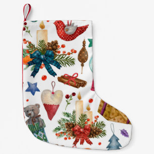 Petite Chaussette De Noël Aquarelle Motif avec ornement de Noël Vintage