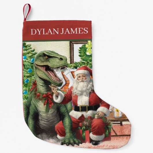Petite Chaussette De Noël aquarelle Noël Père Noël dinosaure ajouter nom (Devant)