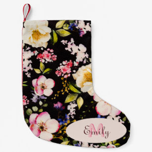 Petite Chaussette De Noël Aquarelle rose Roses jaunes sur noir, Monogramme