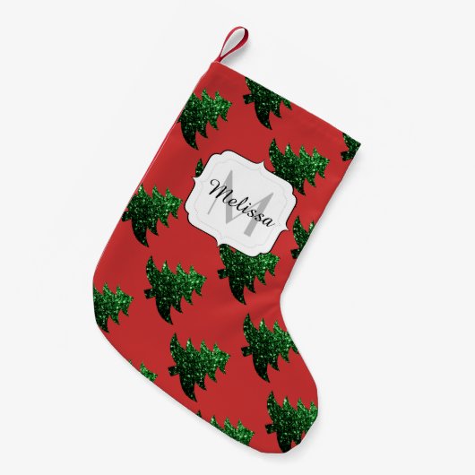 Petite Chaussette De Noël Arbre de Noël étincelant vert étincelant Monogram  (Devant (Accrochage))