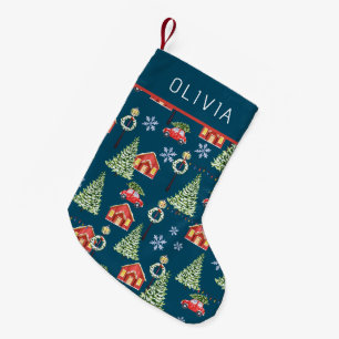 Petite Chaussette De Noël Arbre de Noël hivernal à l'aquarelle nom personnal