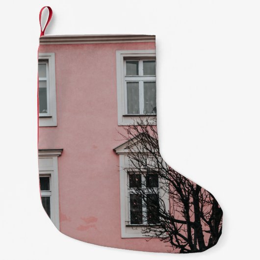 PETITE CHAUSSETTE DE NOËL ARBRE NUIT DEVANT LE BÂTIMENT ROSE (Devant)