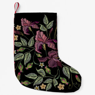 Petite Chaussette De Noël Arrière - plan noir Irises pourpres brodé.