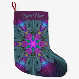 Petite Chaussette De Noël Art fractal coloré mandala avec nom propre rose