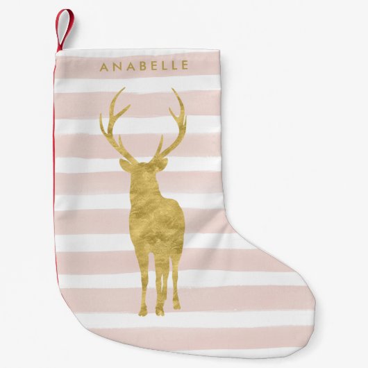 Petite Chaussette De Noël Bandes d'aquarelle rose et cerfs d'or (Devant)