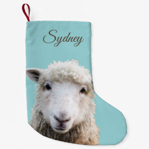 Petite Chaussette De Noël Bas de Noël personnalisé avec agneau sur fond bleu