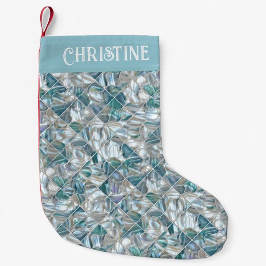 Petite Chaussette De Noël Beau bleu turquoise blanc perle inspirée (Devant)
