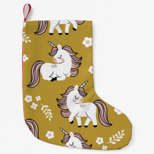 Petite Chaussette De Noël Bébé licornes, fleurs, motif vintage jaune.
