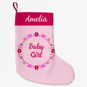 Petite Chaussette De Noël Bébé rose Papillons et fleurs Nom personnalisé