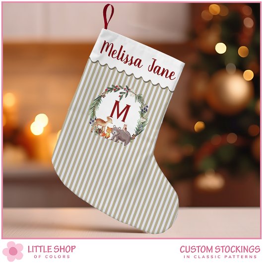 Petite Chaussette De Noël Béges Grandes Bois Animaux Monogramme