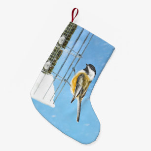 Petite Chaussette De Noël Bickadee sur la peinture d'alimentation - Oiseaux