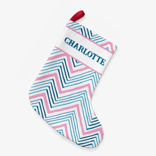 Petite Chaussette De Noël Big Zag Chevron in Pink + Aqua Personalized (Devant (Accrochage))