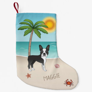 Petite Chaussette De Noël Black Boston Terrier À Une Plage Tropicale D'Été