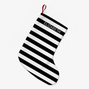 Petite Chaussette De Noël Black White Horizontal Preppy Stripe Nom monogram