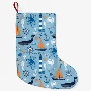 Petite Chaussette De Noël Bleu et orange d'océan nautiques