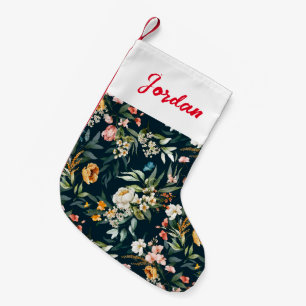 Petite Chaussette De Noël Bleu foncé Vintage Motif de fleurs de jardin