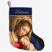 Petite Chaussette De Noël Bleu & Or Vierge et Enfant Religieux Catholique (Devant)