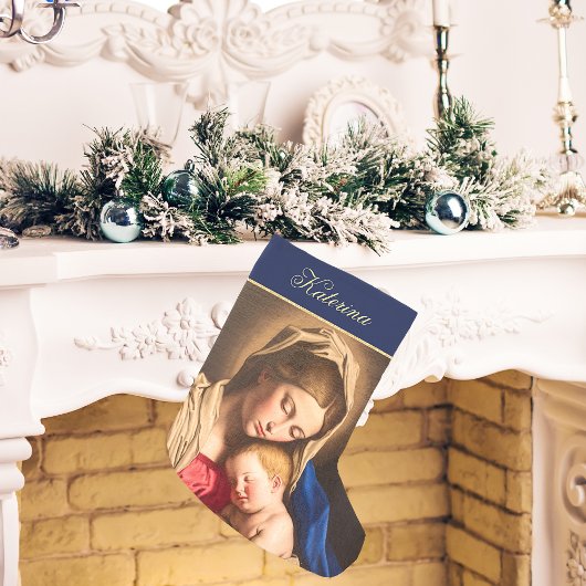 Petite Chaussette De Noël Bleu & Or Vierge et Enfant Religieux Catholique