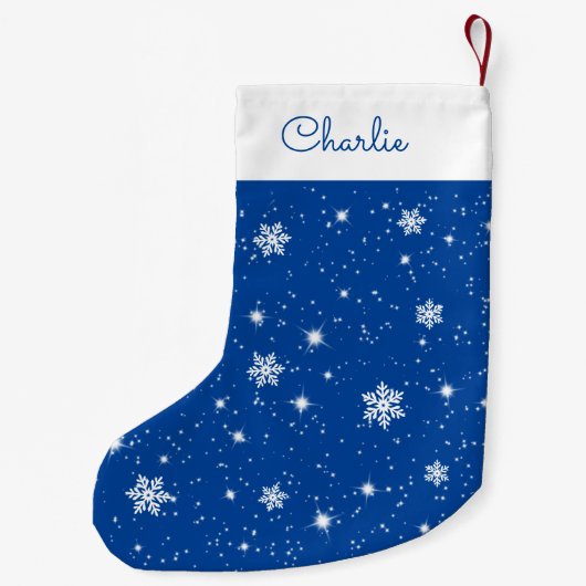 Petite Chaussette De Noël Blue White Snowflakes Étoiles Motif avec nom (Dos)