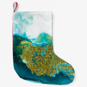 Petite Chaussette De Noël Blue with gold glitter fluid art, creative abstrac