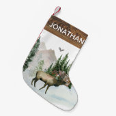 Petite Chaussette De Noël Bois Rustique Aquarelle Elk en Cabine forestier (Devant (Accrochage))