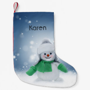Petite Chaussette De Noël Bonhomme de neige avec une écharpe verte