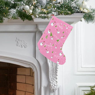 Petite Chaussette De Noël Bonhomme de neige rose personnalisé