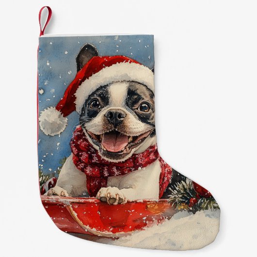 Petite Chaussette De Noël Boston Terrier Dog in Sledge Let it Neige Noël (Devant)
