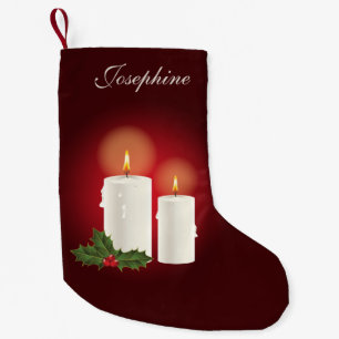 Petite Chaussette De Noël Bougies de Noël blanches sur fond rouge avec nom p